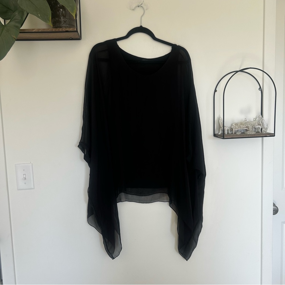Luna Luz Black Silk Overlay Oversized Boxy Tank w/ Sheer Topper‎ Size Medium